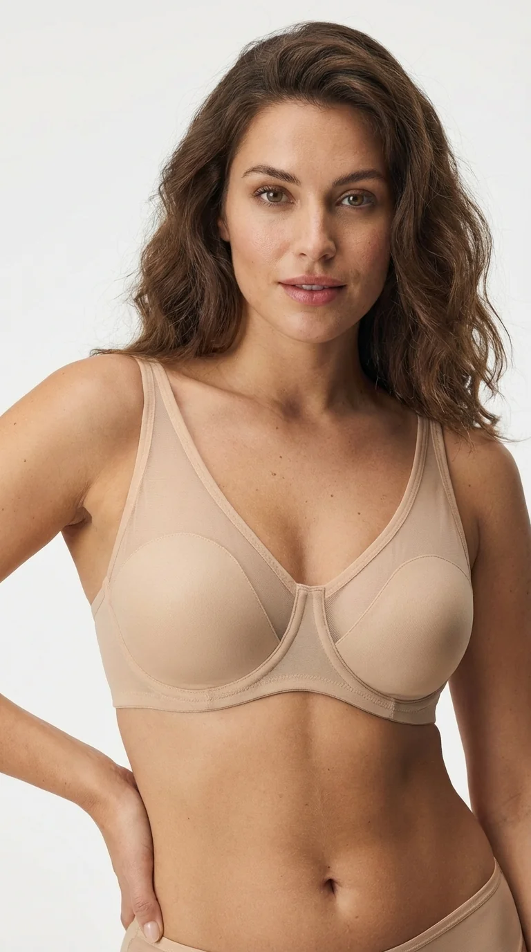 LunaIntim Nude Modern Kesim Toparlayıcı Sütyen Tül Detaylı Soft Cup Minimizer - Model Üzerinde